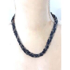 Blue gray tones hand crafted seed bead braided necklace 16"